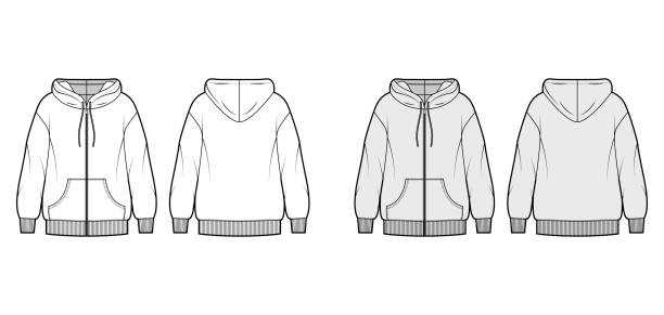 Zip-up oversized cotton-fleece hoodie technical fashion illustration with pocket, relaxed fit, long sleeves. Flat jumper Zip-up oversized cotton-fleece hoodie technical fashion illustration with pocket, relaxed fit, long sleeves. Flat jumper template front, back, white, grey color. Women, men, unisex sweatshirt top CAD blank hoodie template drawing stock illustrations