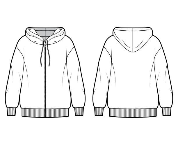 Zip-up oversized cotton-fleece hoodie technical fashion illustration with relaxed fit, long sleeves. Flat outwear jumper Zip-up oversized cotton-fleece hoodie technical fashion illustration with relaxed fit, long sleeves. Flat jumper apparel template front, back, white color. Women, men, unisex sweatshirt top CAD mockup blank hoodie template drawing stock illustrations