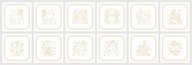 Zodiac astrology horoscope signs linear design vector illustrations set Zodiac astrology horoscope signs linear design vector illustrations set. Elegant line art symbols and icons of esoteric zodiacal horoscope templates for logo or poster isolated on white background. aquarius astrology sign stock illustrations