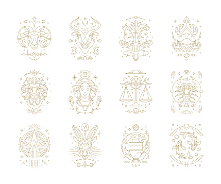 Zodiac astrology horoscope signs linear design vector illustrations set. Elegant line art symbols and icons of esoteric zodiacal horoscope templates for logo or poster isolated on white background.