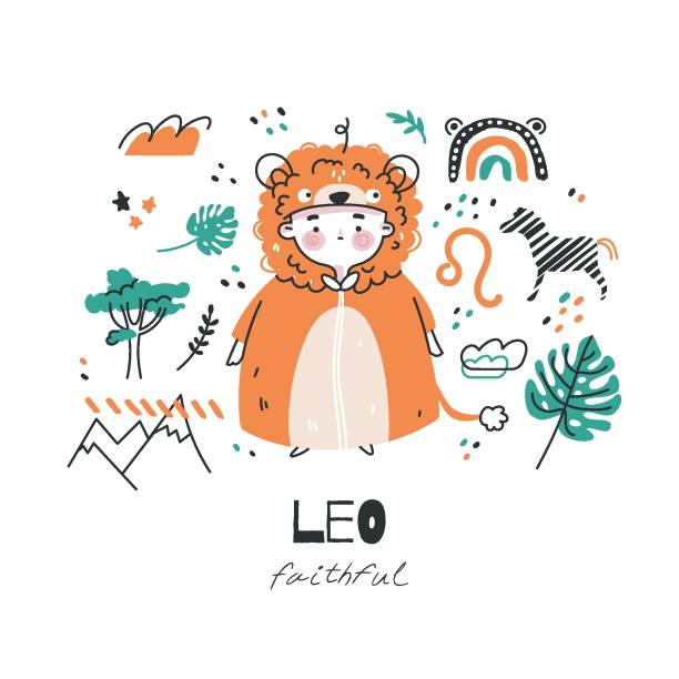 Zodiac sign Leo illustration. Astrological horoscope symbol character for kids. Colorful card with graphic elements for design. Hand drawn vector in cartoon style with lettering Zodiac sign Leo illustration. Astrological horoscope symbol character for kids. Colorful card with graphic elements for design. Hand drawn vector in cartoon style with lettering drawing of a cute little anime boy stock illustrations