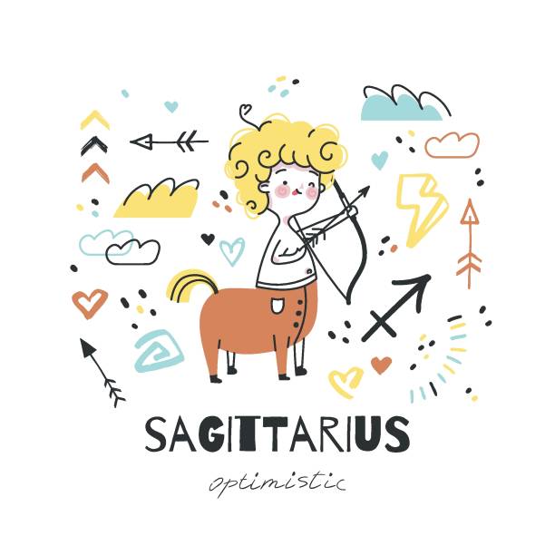 Zodiac sign Sagittarius illustration. Astrological horoscope symbol character for kids. Colorful card with graphic elements for design. Hand drawn vector in cartoon style with lettering Zodiac sign Sagittarius illustration. Astrological horoscope symbol character for kids. Colorful card with graphic elements for design. Hand drawn vector in cartoon style with lettering drawing of a cute little anime boy stock illustrations