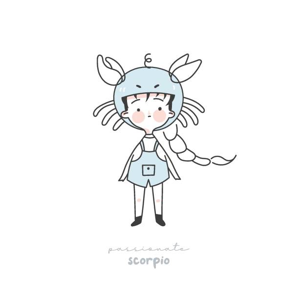 Zodiac sign scorpio illustration. Astrological horoscope symbol character for kids. Line art cute card in pastel colors. Hand draw vector design in cartoon style Zodiac sign scorpio illustration. Astrological horoscope symbol character for kids. Line art cute card in pastel colors. Hand draw vector design in cartoon style drawing of a cute little anime boy stock illustrations
