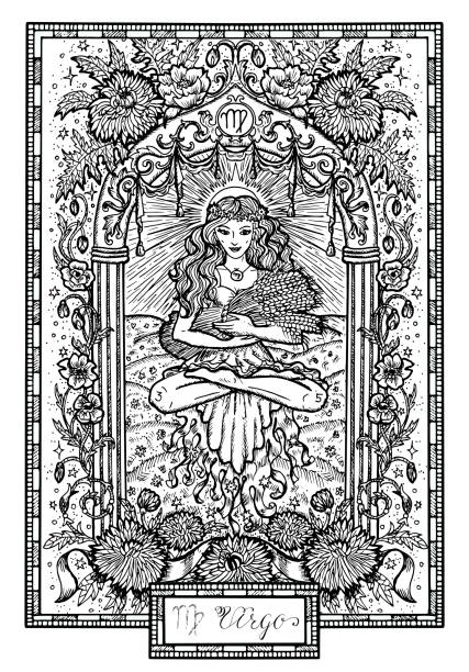 Zodiac sign Virgin or Virgo with asters and poppy flowers and lucky numbers Hand drawn fantasy graphic vector illustration in frame. Black and white doodle mystic drawing with engraved horoscope symbol yoga borders stock illustrations