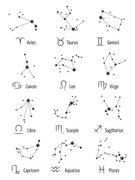 Zodiac signs horoscope symbols astrology icons - stars zodiacal constellations isolated on white background Zodiac signs horoscope symbols astrology icons - stars zodiacal constellations isolated on white background. Astrology and zodiac constellation for horoscope, vector illustration pisces stock illustrations
