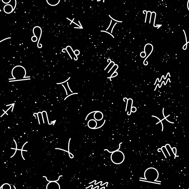 Zodiac signs, horoscrope symbols, stars in space, seamless pattern. Texture for wallpapers, fabric, wrap, web page backgrounds, vector illustration Zodiac signs, horoscrope symbols, stars in space, seamless pattern. Texture for wallpapers, fabric, wrap, web page backgrounds, vector illustration sagittarius art drawing stock illustrations