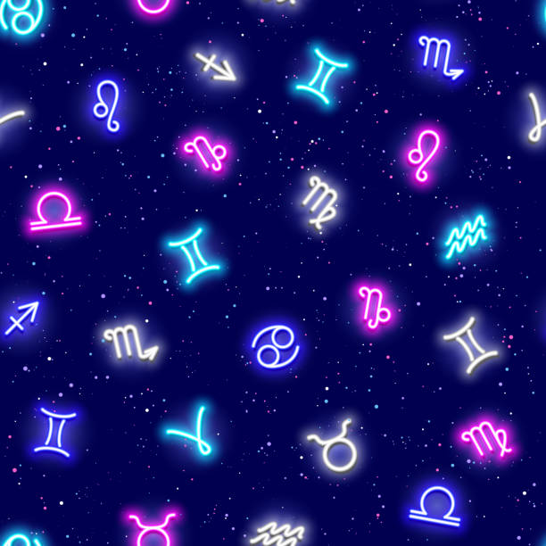 Zodiac signs, horoscrope symbols, stars in space, seamless pattern. Texture for wallpapers, fabric, wrap, web page backgrounds, vector illustration Zodiac signs, horoscrope symbols, stars in space, seamless pattern. Texture for wallpapers, fabric, wrap, web page backgrounds, vector illustration sagittarius art drawing stock illustrations