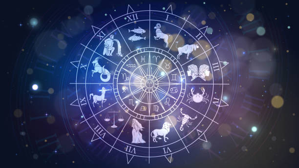 Zodiac signs in space Zodiac signs revolve around the moon in space, astrology and horoscope numerology stock illustrations