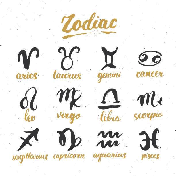 Zodiac signs set and letterings. Hand drawn horoscope astrology symbols, grunge textured design, typography print, vector illustration Zodiac signs set and letterings. Hand drawn horoscope astrology symbols, grunge textured design, typography print, vector illustration. pisces stock illustrations