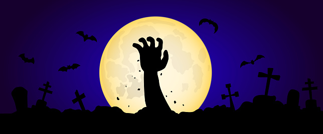 Zombie hand rising out of the grave in night with full moon. Halloween concert.