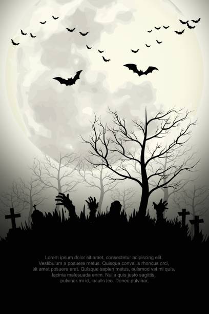 Zombie hands rising in dark Halloween night  Spooky forest with full moon and grave. Zombie hands rising in dark Halloween night  Spooky forest with full moon and grave.Vector illustrator pain backgrounds stock illustrations