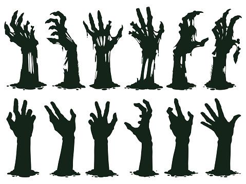 Zombie hands silhouette. Creepy zombie crooked lambs stick out of graveyard ground vector illustration set. Halloween zombie hands. Halloween and nightmare, creepy and evil zombie