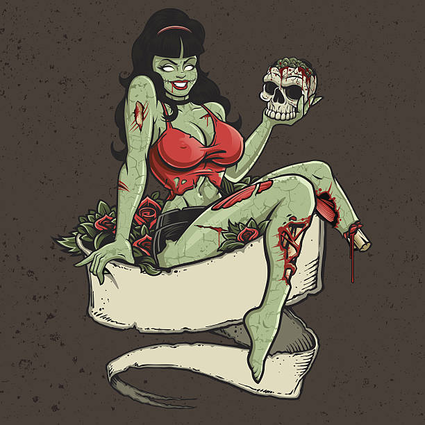 Zombie Pinup Girl Holding Skull Vector illustration of a sexy zombie pinup girl holding a skull while sitting in a bed of roses on top of a worn, tattered blank banner. pin up girl stock illustrations
