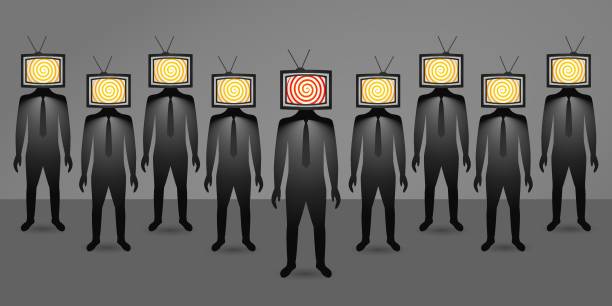 ZOMBYtv people with a TV instead of a head. the concept of the influence of the media and propaganda on a person's worldview. vector illustration. zombie tv person hypnotized by mass media stock illustrations