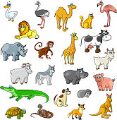Cartoon animals and pets. Duck, ostrich and flamingo birds, camel and cat, lion, cow and rhino, monkey and african giraffe. Vector isolated icon of goat or ram, hippopotamus, wolf dog and kangaroo