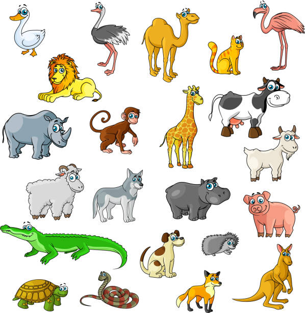 stockillustraties, clipart, cartoons en iconen met dieren in dierentuinen, vogels en huisdieren vector cartoon pictogrammen - gedomesticeerde dieren