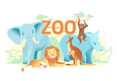 Zoo flat web banner. Group of cartoon animals on white horizontal cover or social media header. Elephant monkey rhino lion kangaroo simple nature poster. Exotic animal vector card. Children postcard
