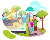 Zoo Visitors, Happy Couple Making Selfie in Animal Park with Lion Family, Pride Sitting behind of Glass Fence, Predators, Man and Woman Leisure, Traveling Pastime. Cartoon Flat Vector Illustration