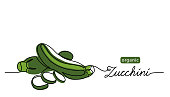 istock Zucchini, green marrow, courgette or squash vector illustration. One line drawing art illustration with lettering organic zucchini 1289956922