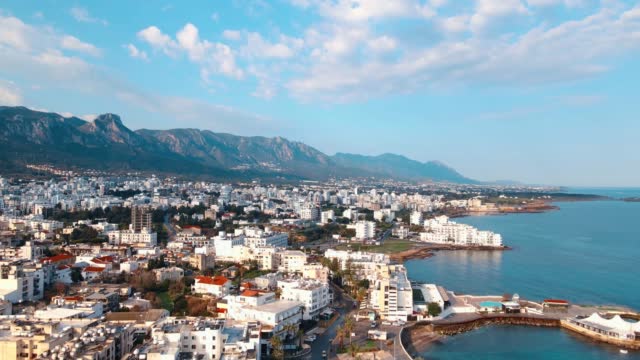 Aerial 4k Historical Kyrenia Harbour with medieval Venetian Castle in North Cyprus