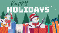 istock Animation of happy holidays text at christmas over presents and snow falling 1350051125