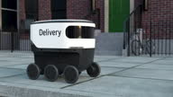 istock Automated Delivery Robot Service Driving on Urban Street. Modern Smart Wireless Robot Delivers Goods or Food to a Customer. New Technological Iot Business Industry of Delivery Logistic of Online Shop 1317822873
