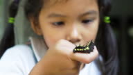 istock Black caterpillar crawling on girl hand 1057013508