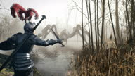 istock A brave medieval knight prepares to fight a lake monster that looks like a spider. Mystical nightmare concept. The animation for fantasy, mystical or horror backgrounds. 1316680410