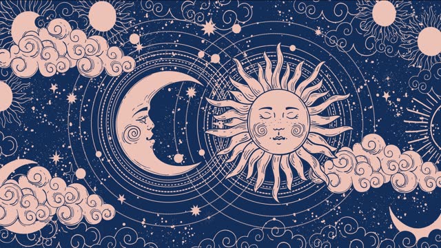 Cartoon background for astrology, tarot, magic and esotericism. Smooth 4K video rendering. Animation of a crescent moon with a face, stars, celestial background.