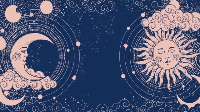 Cartoon background for astrology, tarot, magic and esotericism. Smooth 4K video rendering. Animation of a crescent moon with a face, stars, celestial background.