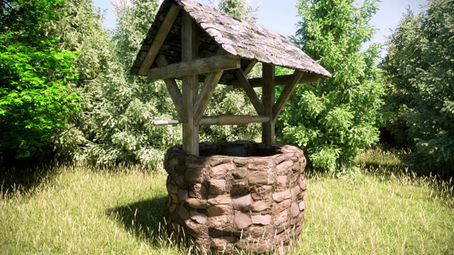 A close-up view of an old stone wishing well in the middle of a lush green forest