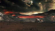 istock Dark scenery of devastated planet. Woman looking at volcanoes and meteors 1164182759