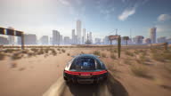 istock 4K fake shooter and racing gameplay. Getting to the city through the desert at daytime 1358027691