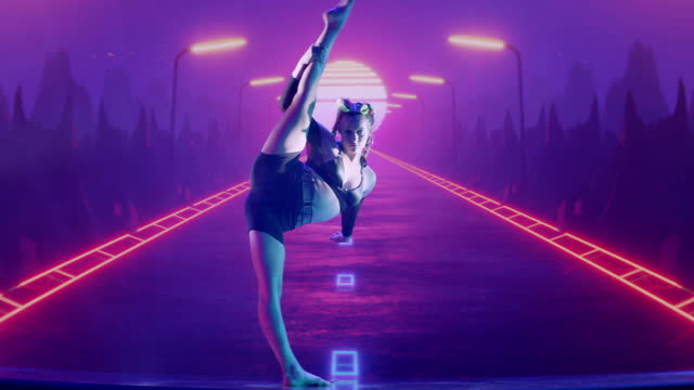 Female modern dancer performing on projection background. Surreal, digital landscape with highway