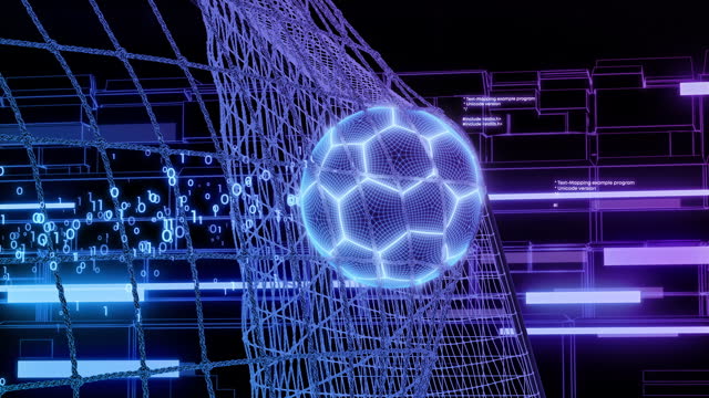 Goal Moment in Abstract Computer Game. Beautiful Styled Computer Graphics Football Ball Flying into Goal Net in Slow Motion. Digital Pattern 3d Animation Grid Mesh Look Cyber Sport Concept