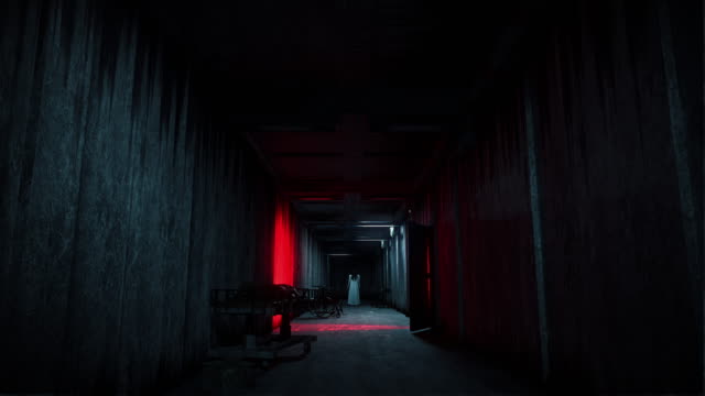 Halloween horror sequence, dark hallway in abandoned psychiatric ward, ghosts