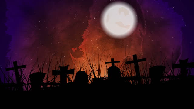 Halloween night cemetery with full moon abstract motion background