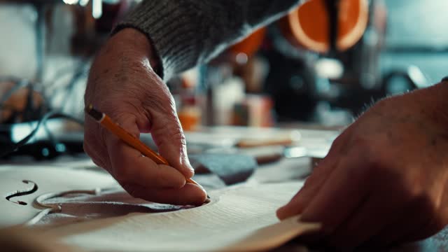 Hands of elderly master using a pencil to draw on the inside of the front panel of the unfinished violin