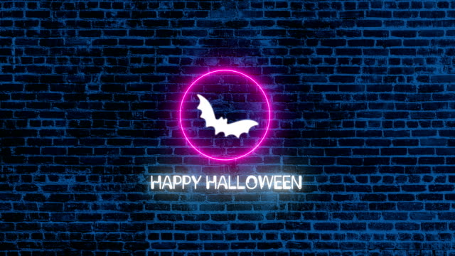 4K Happy Halloween Neon Sign on Brick wall |Loopable