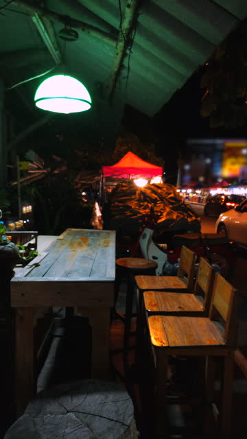 Lantern And Table At Street Food Slow Motion