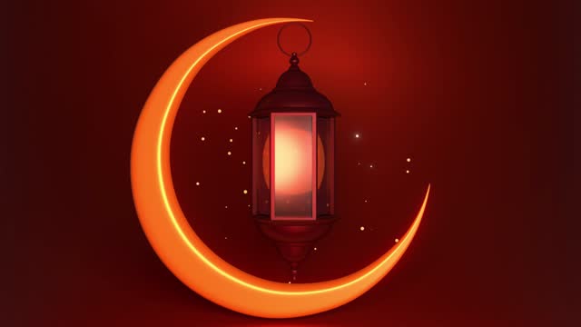 Loop Ready Ramadan Kareem Greeting Card Design with Lantern and Crescent Hanging Against Red Background in 4K Resolution