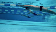 istock Moment of athletes jump into a pool captured underwater. Professional swimmers competition concept. 1313713329