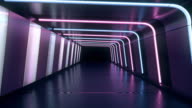 istock Moving forward inside an endless tunnel with glowing blue and pink neon lines and white lamps. 1126732721