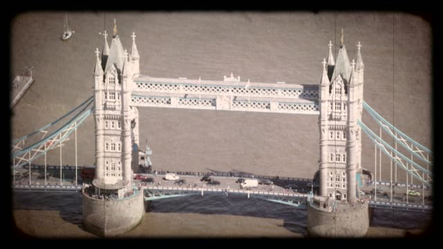 Old Film Aerial View of Tower Bridge, London, UK. 4K