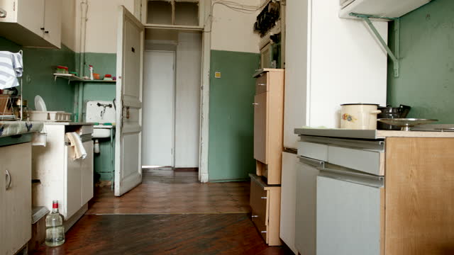Panorama of old kitchen of a flat in St. Petersburg, Russia