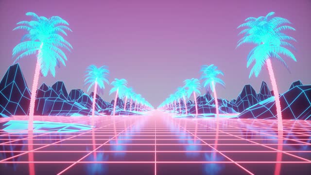 Retro futuristic animation. Camera moves forward palm tree alley. Mountains and hills above the road. Retro 80s style synthwave background