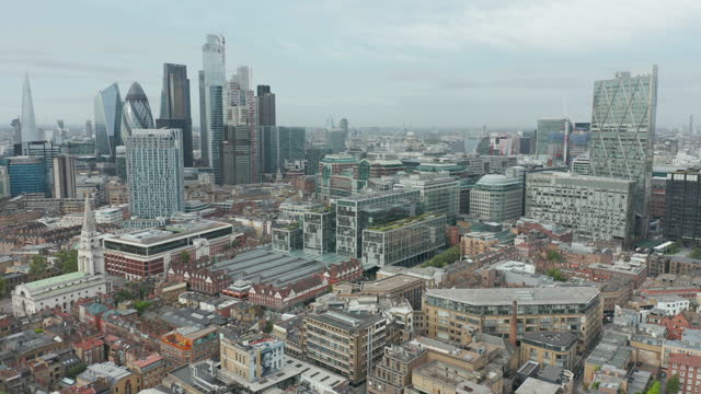 Slow Motion 4k Aerial Stunning View of Skyscrapers and Buildings Around London