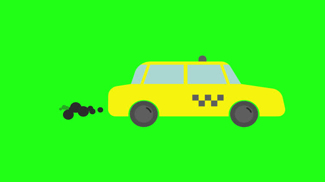 Taxi. Side view. Cartoon yellow taxi car. The car moves forward, exhaust gases appear, and periodically disappear from behind. Harm to the environment from emissions. 2D looped video on chroma key
