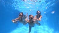 istock Three happy kids swimming underwater in pool 1193128839