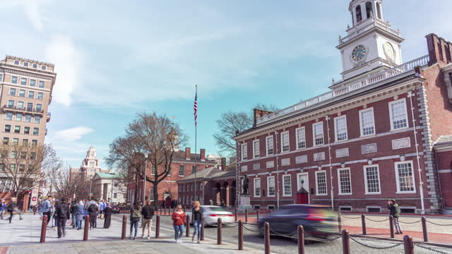 Time lapse of Pedestrian and tourist walking around Independence Hall in Philadelphia, USA